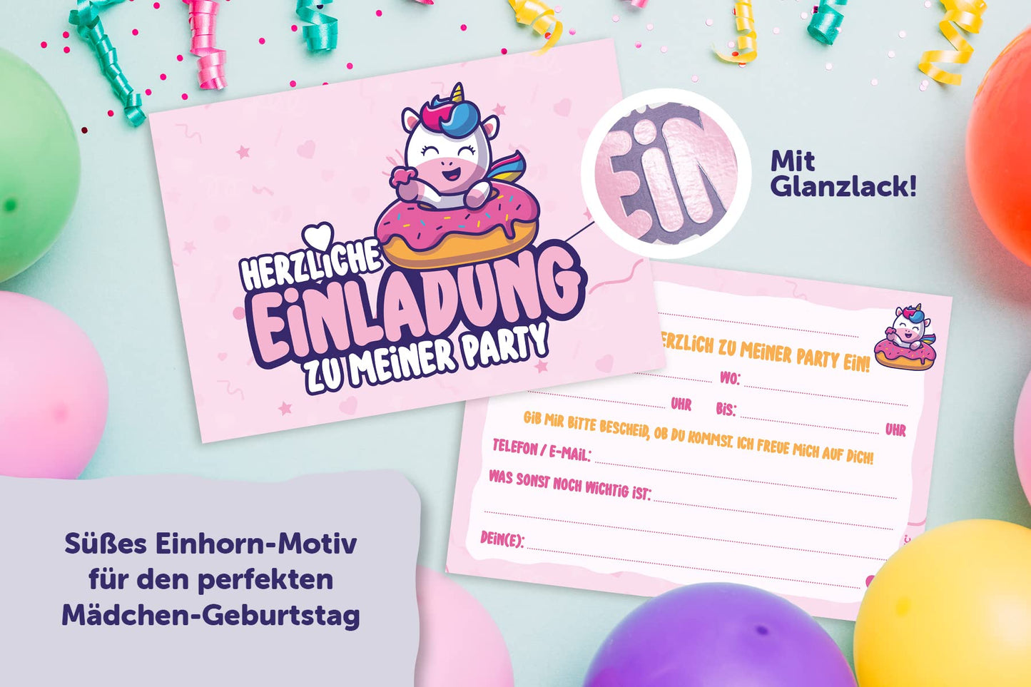 Einhorn Einladungskarten Kindergeburtstag Mädchen, 12 Karten und 12 Kuverts, DIN A6, mit Glanzlack