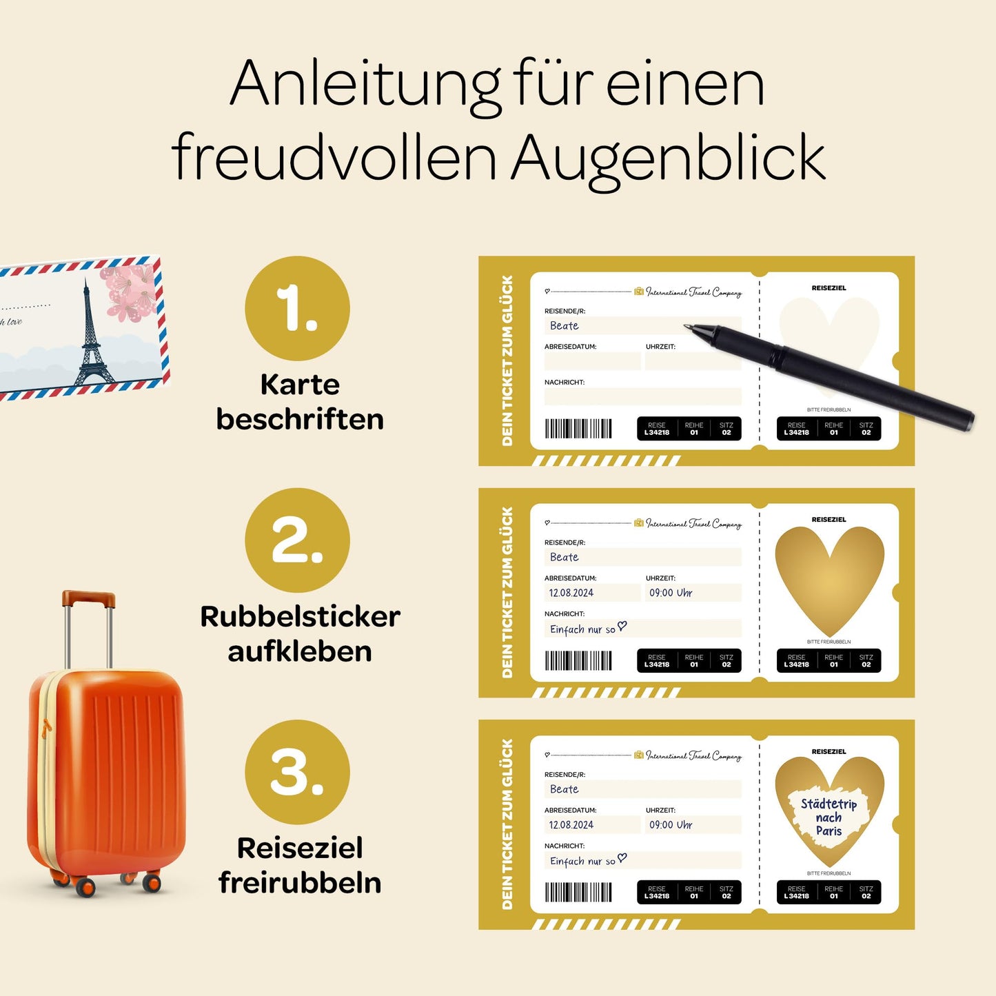 Anleitung für Reisegutschein: Karte beschriften, Rubbelaufkleber aufkleben, Reiseziel freirubbeln.