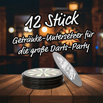 Dart Bierdeckel 12er-Set – beidseitig bedruckt mit Dartscheibe & Spruch | Dart Deko & Geschenkidee