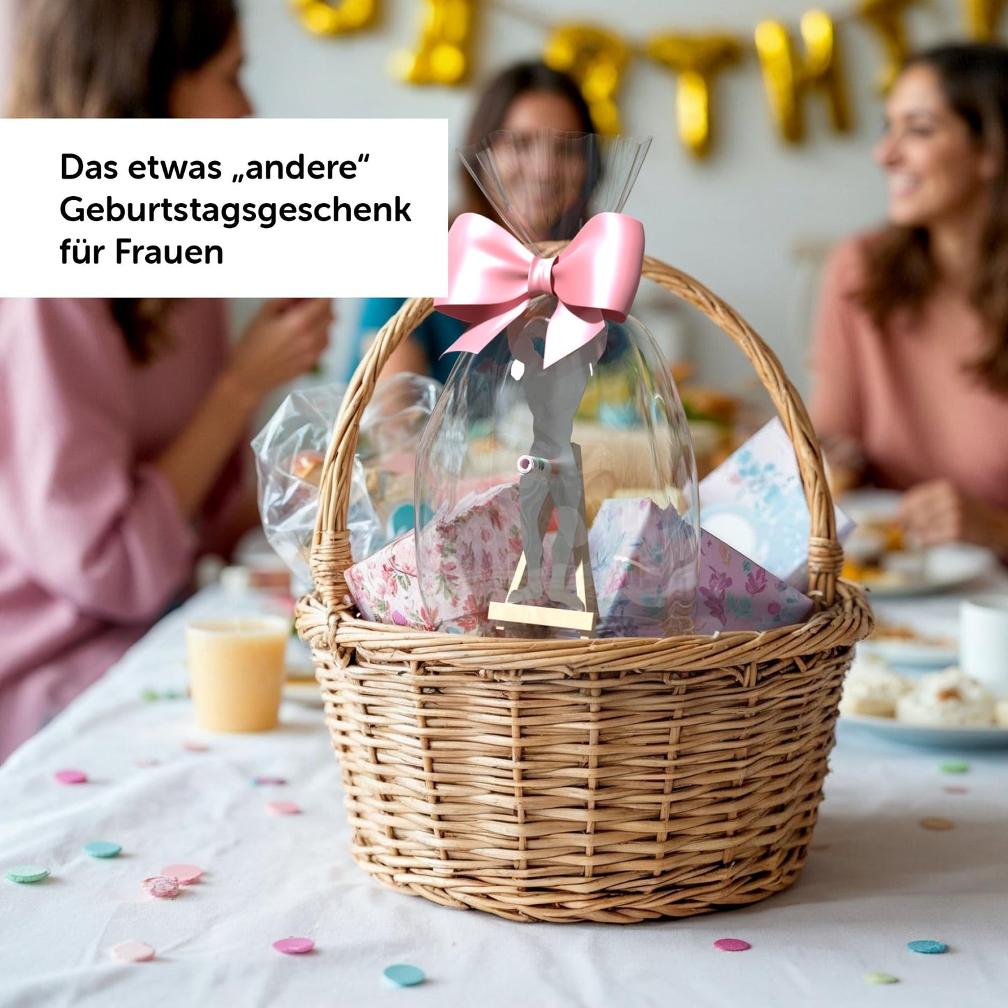 Lustiges Geschenk in einem Körbchen für Frauen, ideal für einzigartige Geburtstagsüberraschungen.