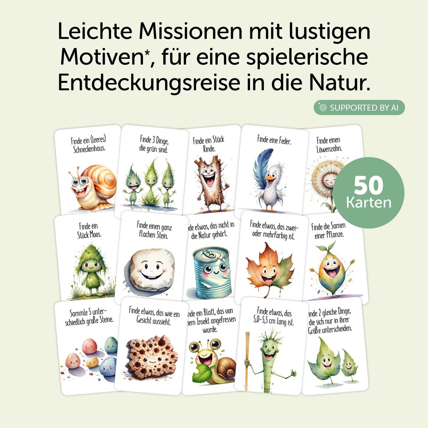 Outdoor-Spielkarten für Kinder mit lustigen Motiven zur Naturentdeckung, 50 Karten mit kinderfreundlichen Missionen.