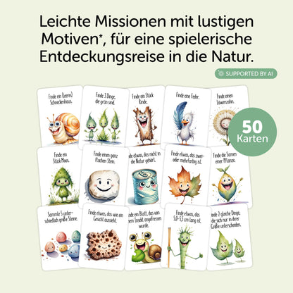 Outdoor-Spielkarten für Kinder mit lustigen Motiven zur Naturentdeckung, 50 Karten mit kinderfreundlichen Missionen.