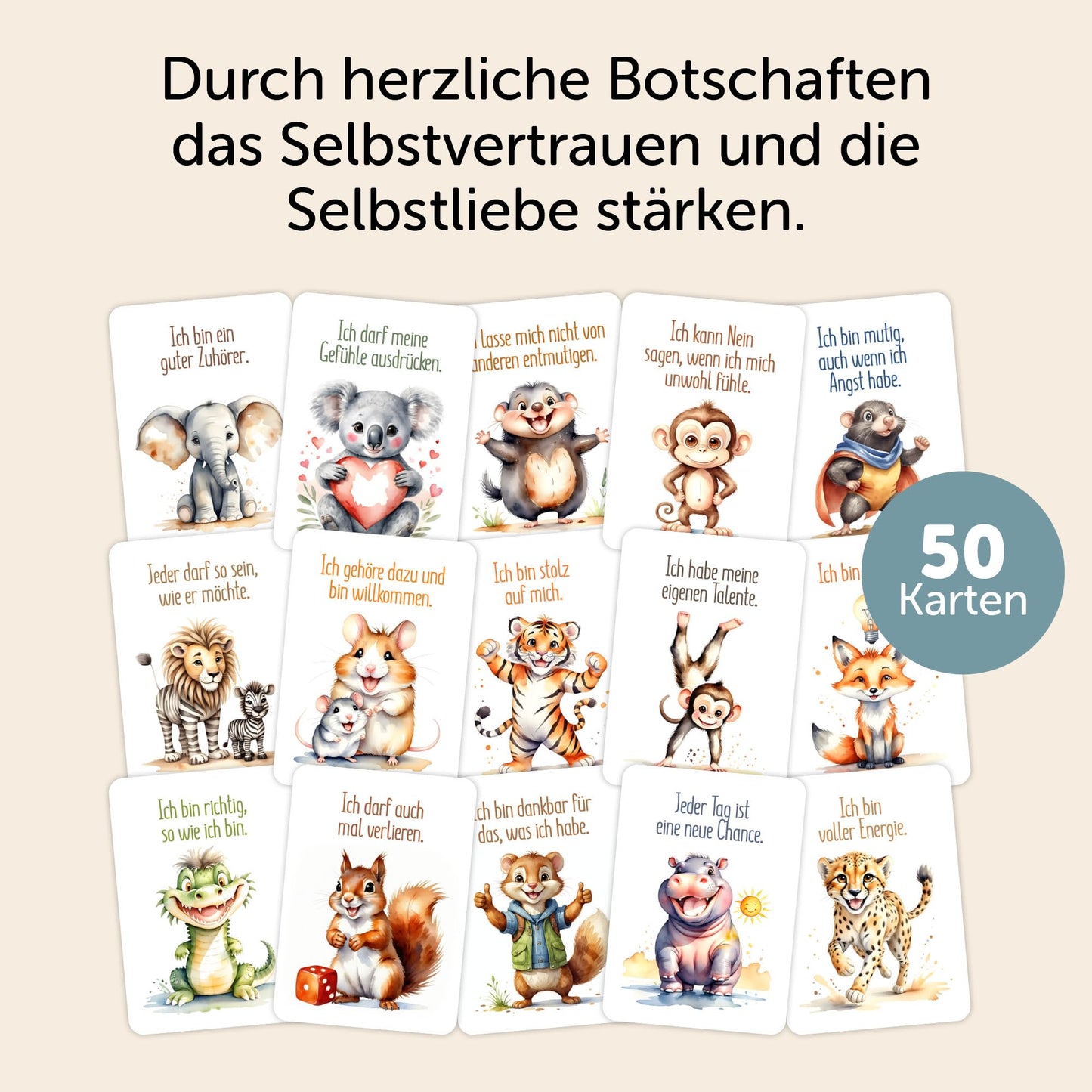 Affirmationskarten für Kinder mit lustigen Tiermotiven zur Stärkung von Selbstvertrauen und Achtsamkeit.
