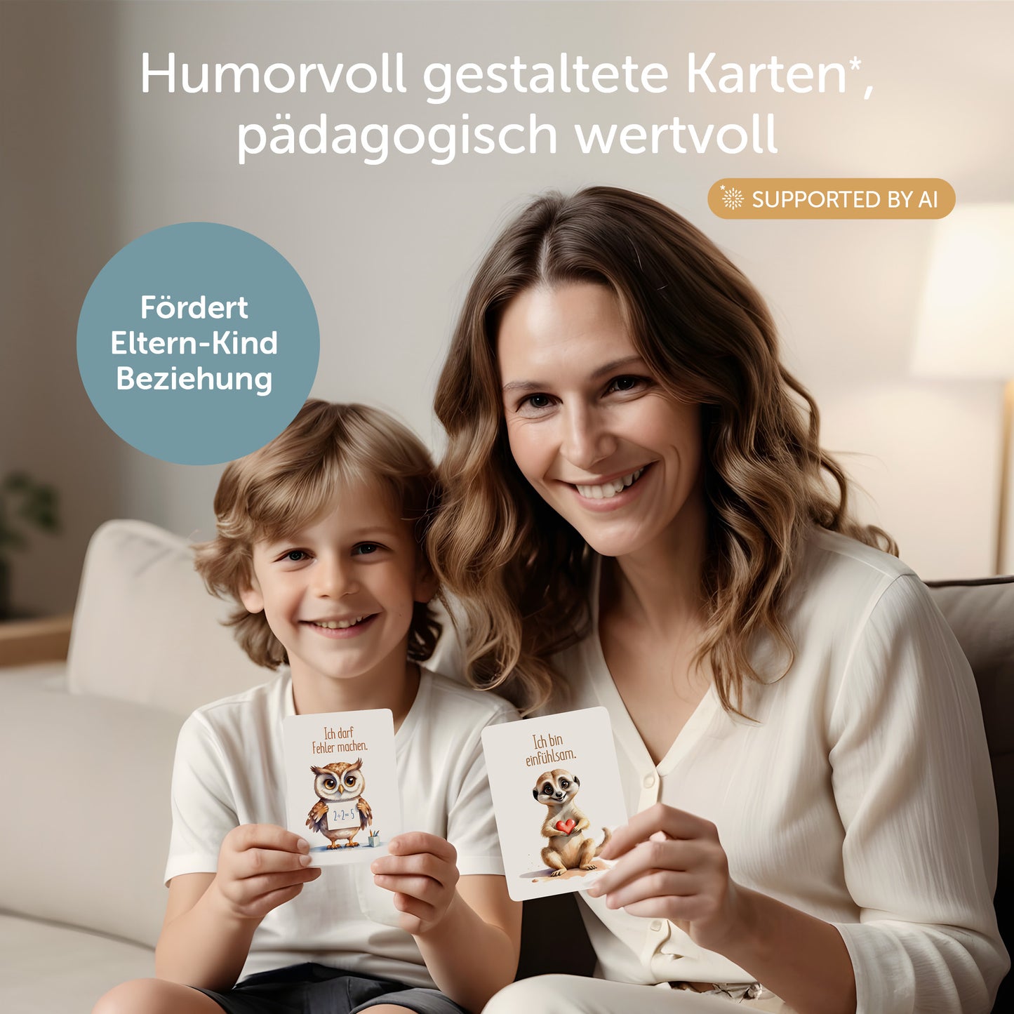Eltern und Kind halten humorvolle Affirmationskarten für mehr Selbstvertrauen und positive Gedanken.