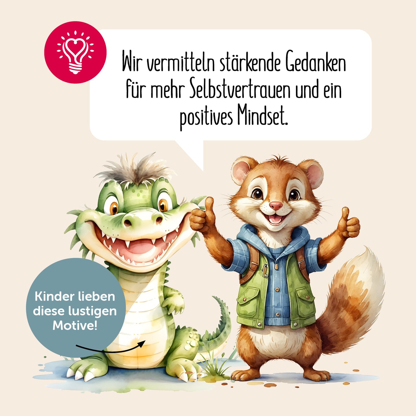 Lustige Tiermotive auf Affirmationskarten für Kinder, fördert Selbstvertrauen und positives Mindset.