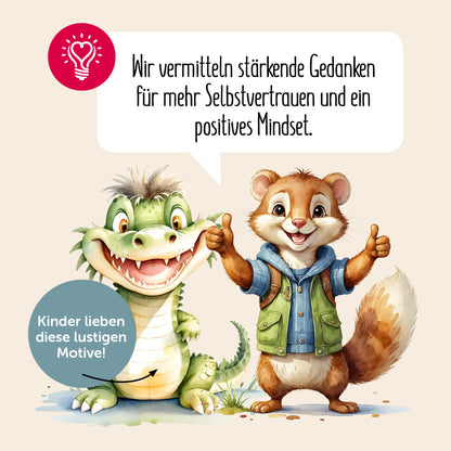 Lustige Tiermotive auf Affirmationskarten für Kinder, fördert Selbstvertrauen und positives Mindset.