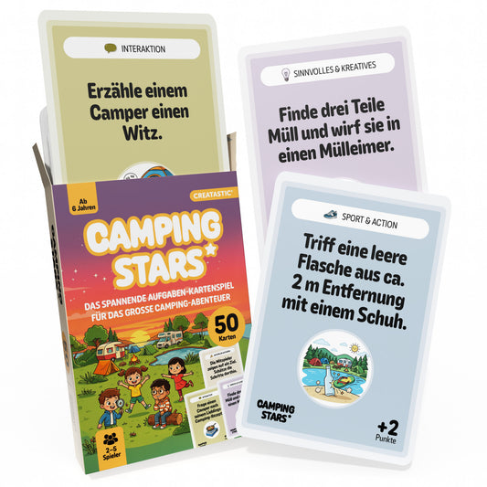 Camping Stars - Das spannende Aufgaben Kartenspiel für Kinder, 50 Karten, Camping Zubehör