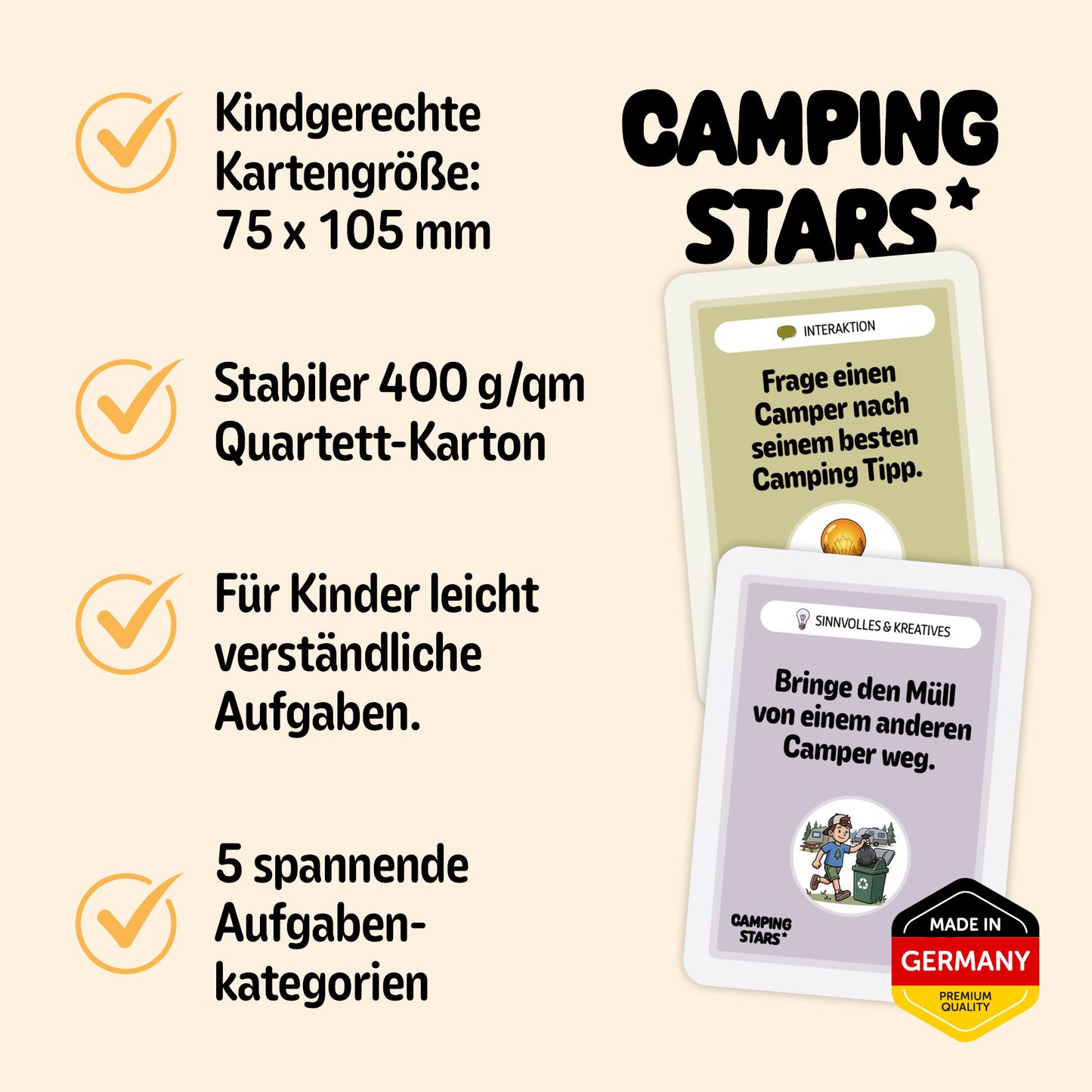 Camping Stars - Das spannende Aufgaben Kartenspiel für Kinder, 50 Karten, Camping Zubehör
