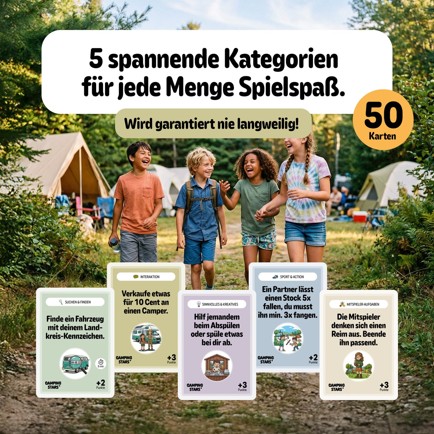 Camping Stars - Das spannende Aufgaben Kartenspiel für Kinder, 50 Karten, Camping Zubehör