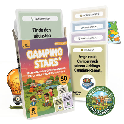 Camping Stars - Das spannende Aufgaben Kartenspiel für Kinder, 50 Karten, Camping Zubehör