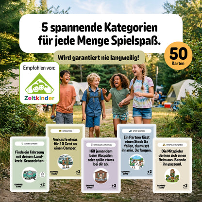 Camping Stars - Das spannende Aufgaben Kartenspiel für Kinder, 50 Karten, Camping Zubehör