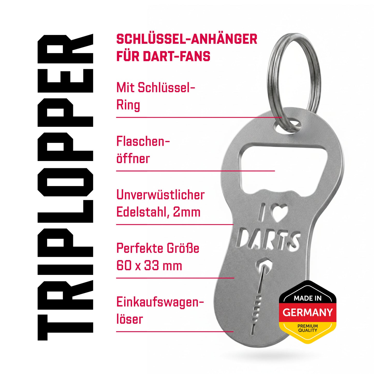 Triplopper Darts Schlüsselanhänger mit Flaschenöffner und Einkaufswagenlöser aus Edelstahl