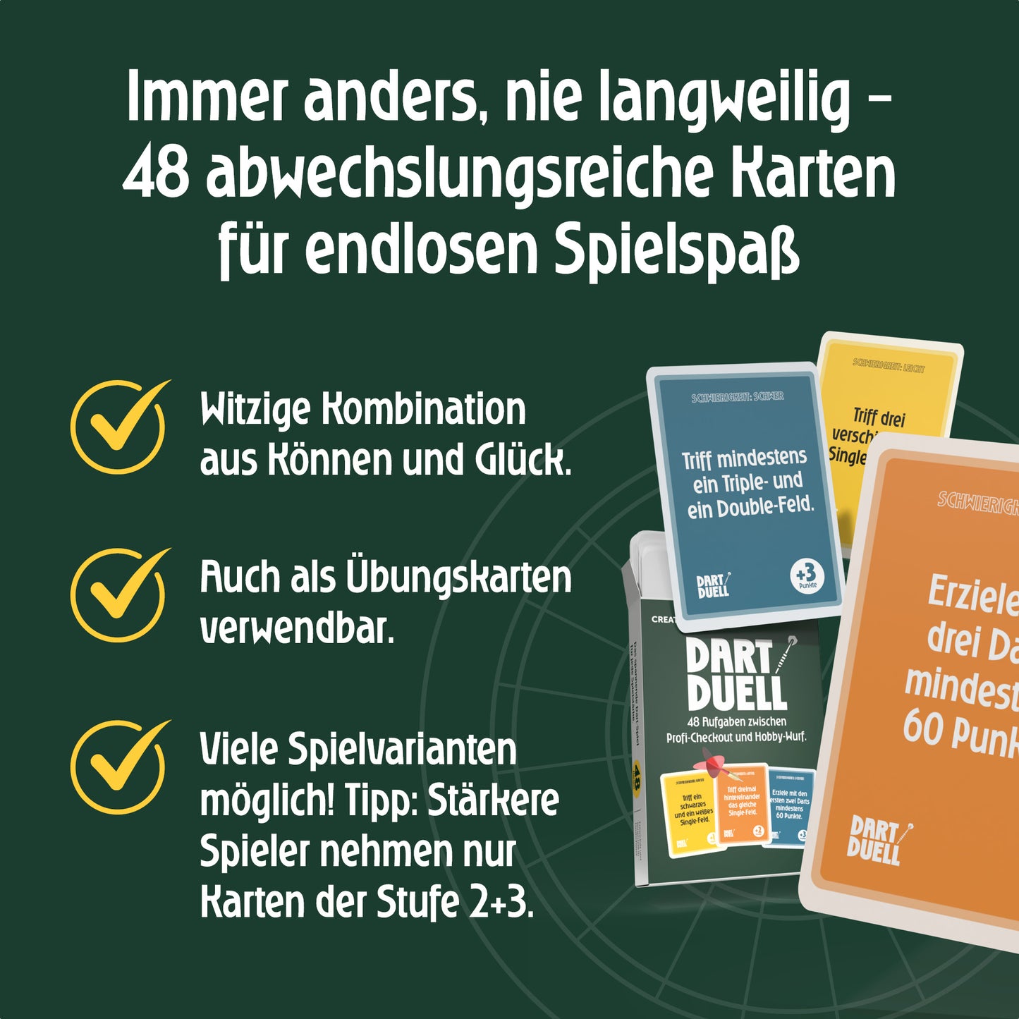 Dart Duell Kartenspiel, Dart Zubehör Kartenspiele Geschenk, 48 Aufgaben in 3 Schwierigkeitsstufen, hochwertiger 400 g/qm Quartett Karton