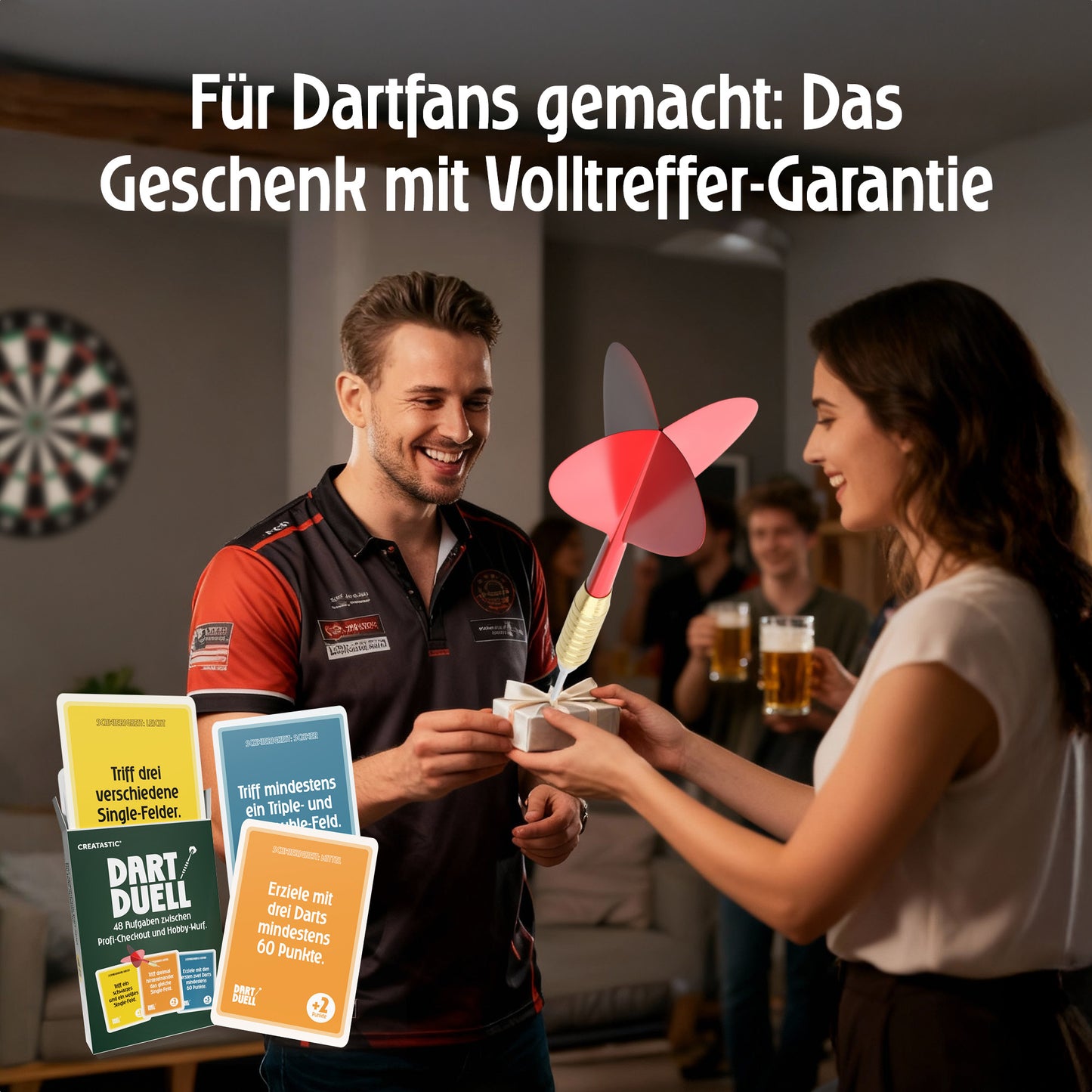 Dart Duell Kartenspiel, Dart Zubehör Kartenspiele Geschenk, 48 Aufgaben in 3 Schwierigkeitsstufen, hochwertiger 400 g/qm Quartett Karton