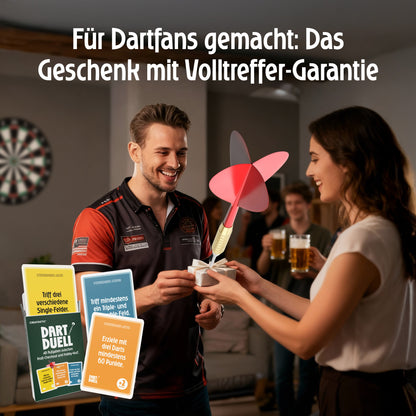 Dart Duell Kartenspiel, Dart Zubehör Kartenspiele Geschenk, 48 Aufgaben in 3 Schwierigkeitsstufen, hochwertiger 400 g/qm Quartett Karton