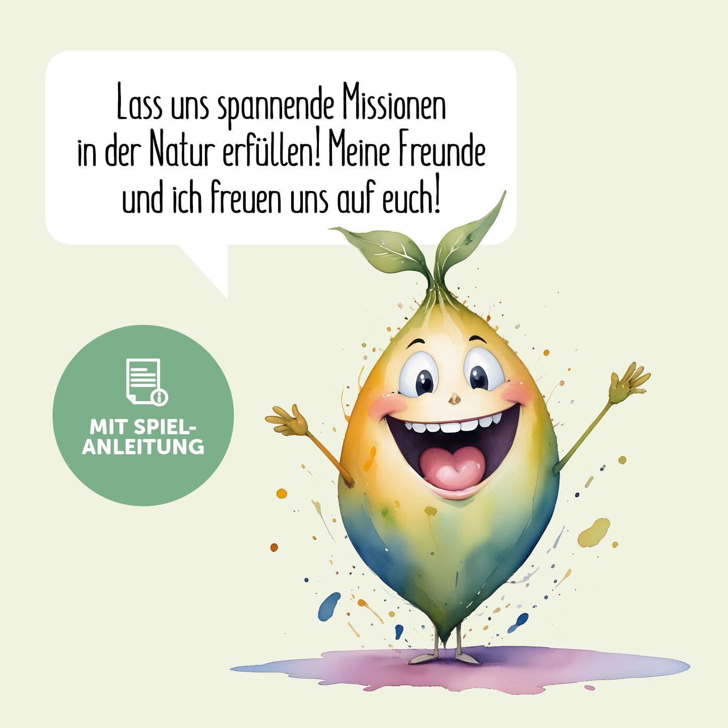 Illustration eines fröhlichen Charakters, der Kinder zu Natur-Missionen einlädt, mit Text zur Spielanleitung.