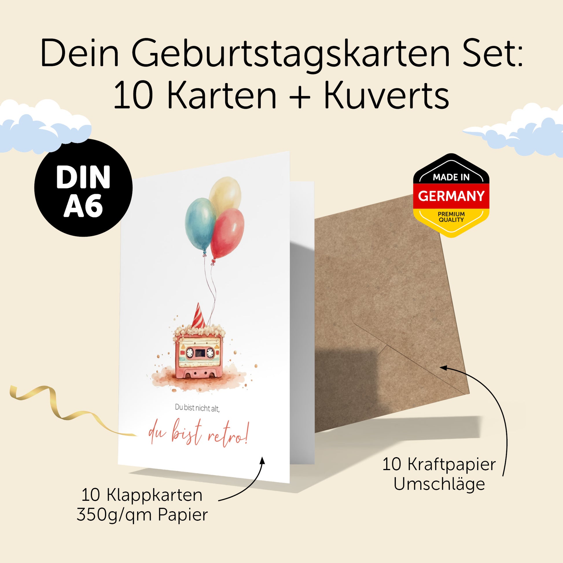Set von 10 lustigen Geburtstagskarten im DIN A6 Format mit Kraftpapier Umschlägen, hergestellt in Deutschland.