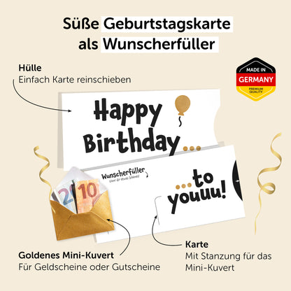 Happy Birthday Geburtstagskarte, Geldgeschenk Geburtstag, Hülle (Schuber) und goldenem Kuvert, DIN lang