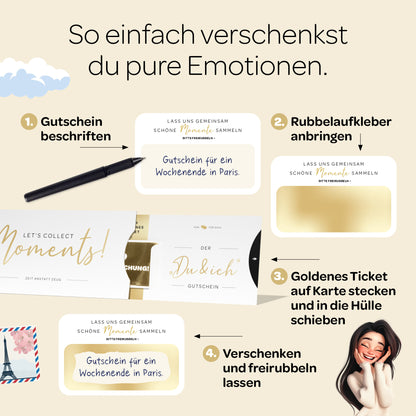 Eine Infografik, die die Schritte zum Verschenken von Erlebnissen mit einem Gutschein aufzeigt, verziert mit einem stilvollen Design.