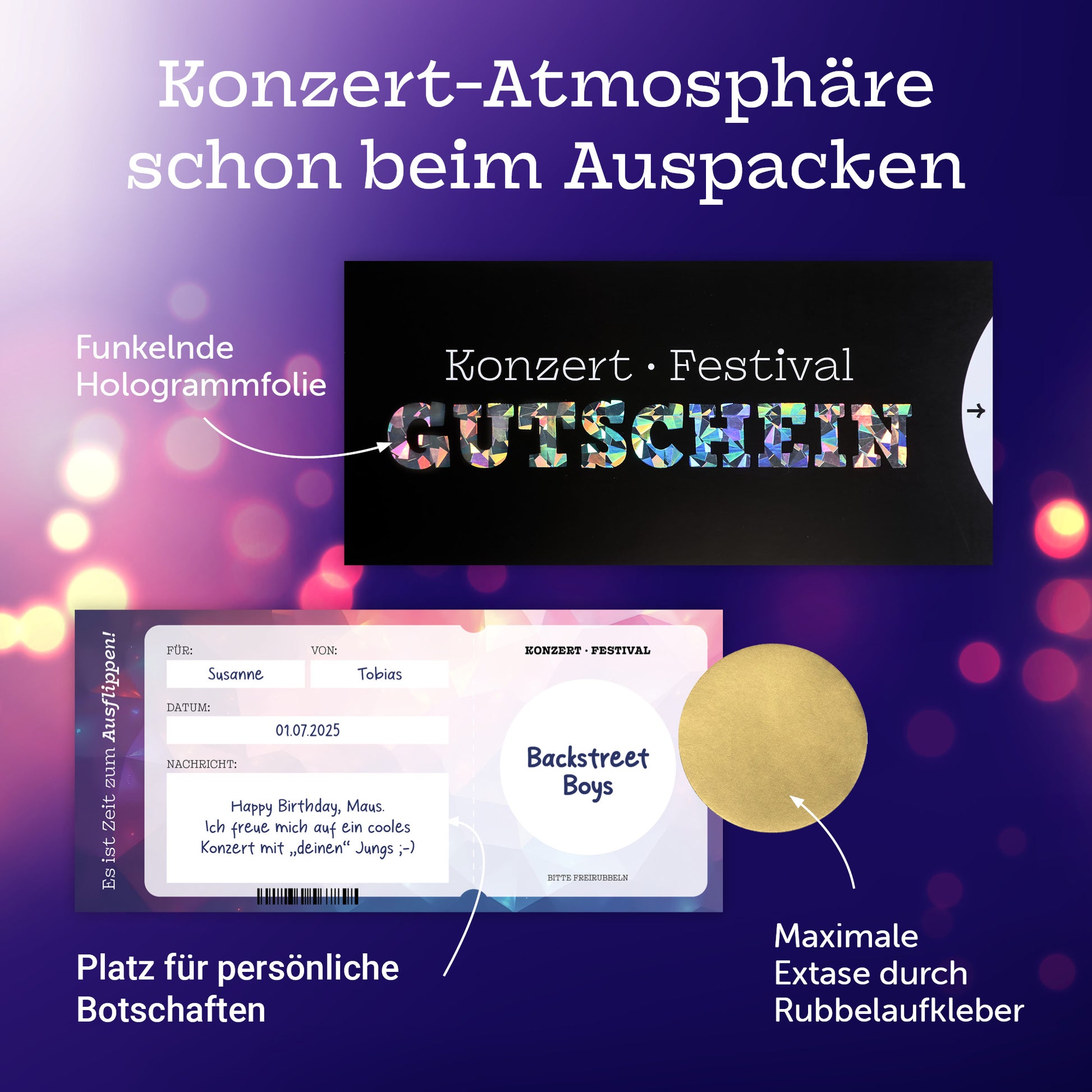 Konzert Gutschein mit Hologrammdruck, eleganter Schuber, Rubbelaufkleber und Platz für persönliche Botschaften.