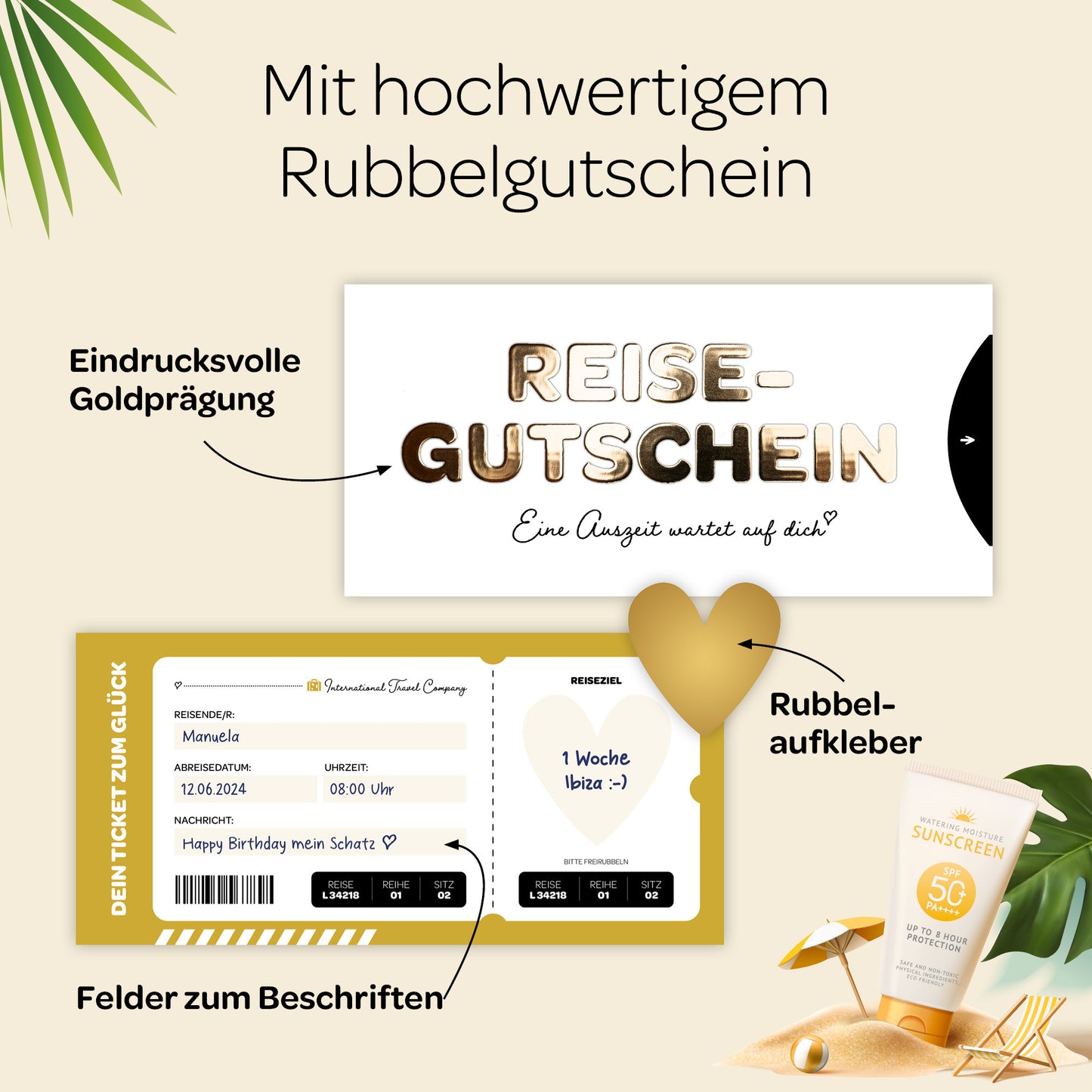 Reisegutschein mit Golddruck und Rubbelaufkleber, ideal als Geschenk für besondere Anlässe.
