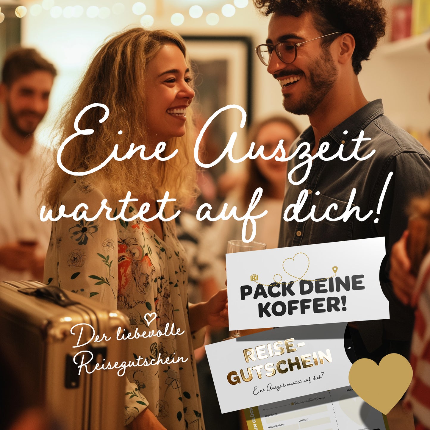 Fröhliche Menschen halten einen Reisegutschein mit der Aufschrift "Pack deine Koffer!" in einer Feier-Umgebung.