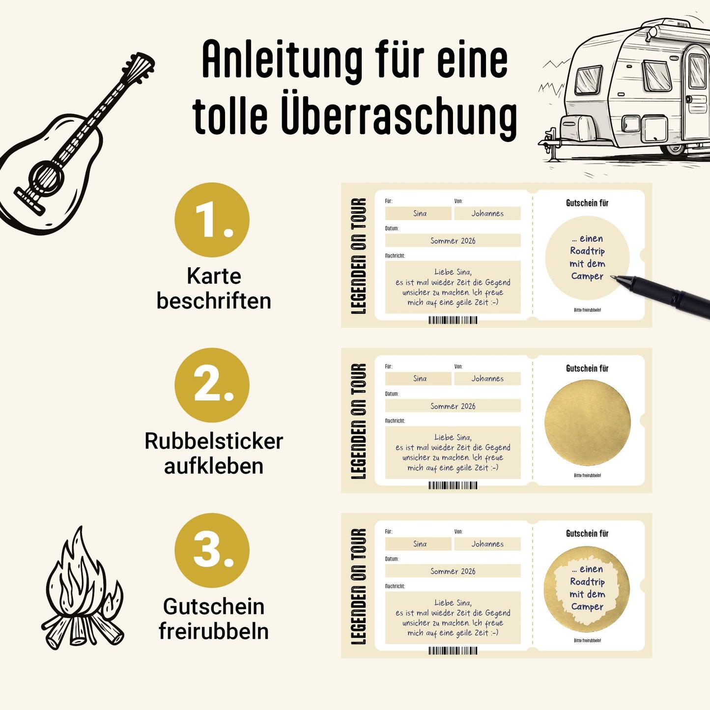 Anleitung Geile Zeit Gutschein zum selber ausfüllen, Karte mit Golddruck, Schuber und Rubbelaufkleber, DIN lang.
