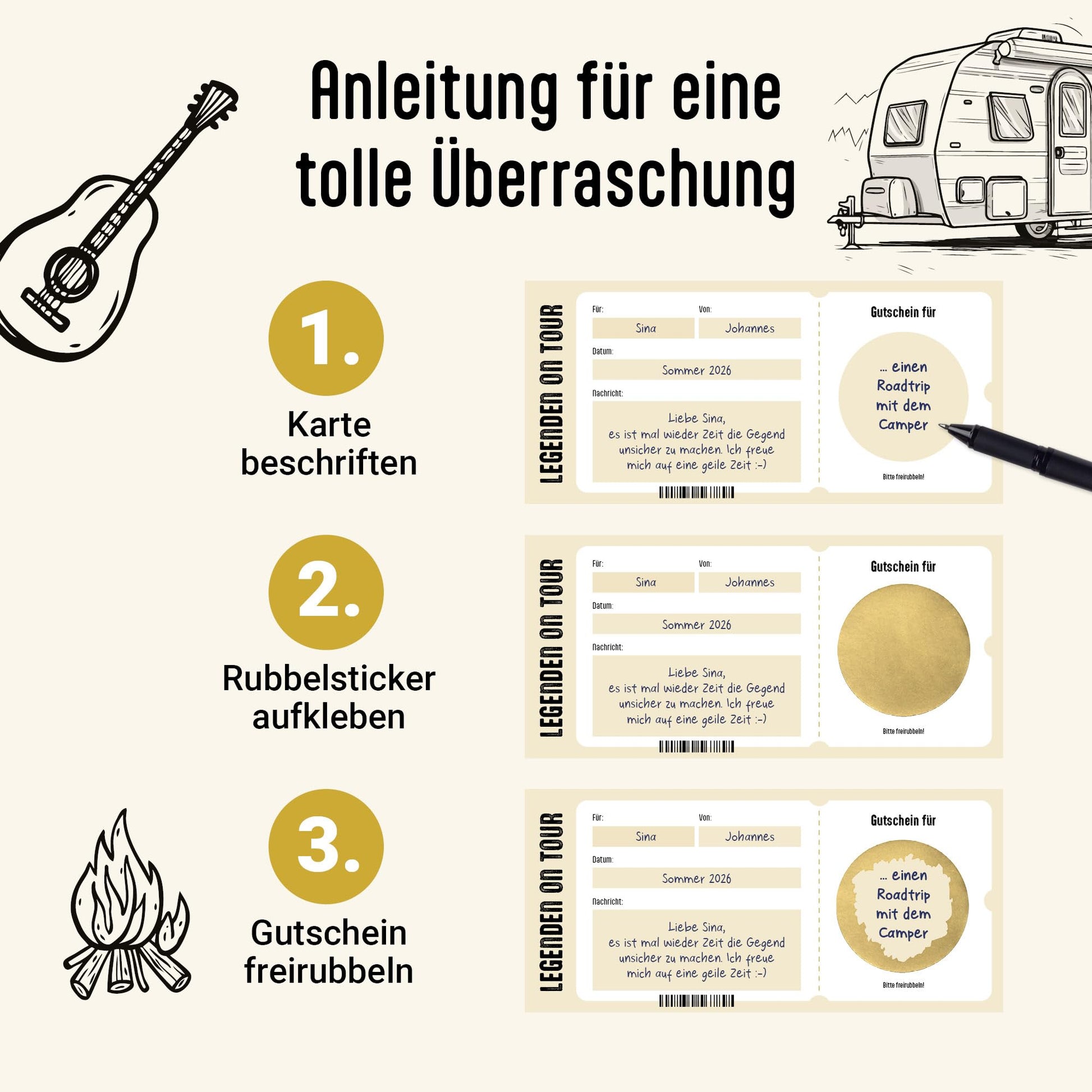 Anleitung Geile Zeit Gutschein zum selber ausfüllen, Karte mit Golddruck, Schuber und Rubbelaufkleber, DIN lang.