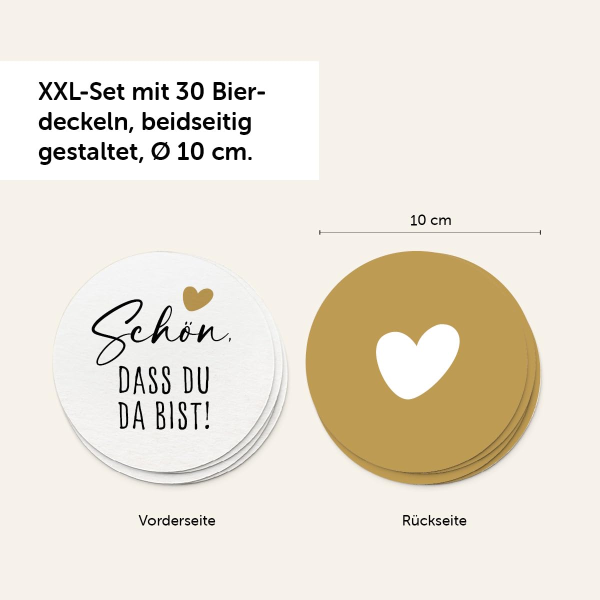 Bierdeckel Set mit 30 beidseitig gestalteten Untersetzer, Durchmesser 10 cm, einladendes Design.