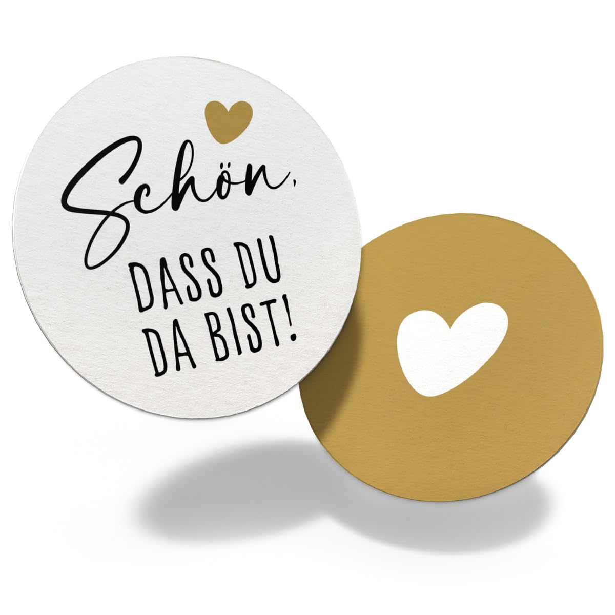 Beidseitig gestaltete Bierdeckel mit dem Aufdruck "Schön, dass du da bist!" und Herz Design, Ø 10 cm.