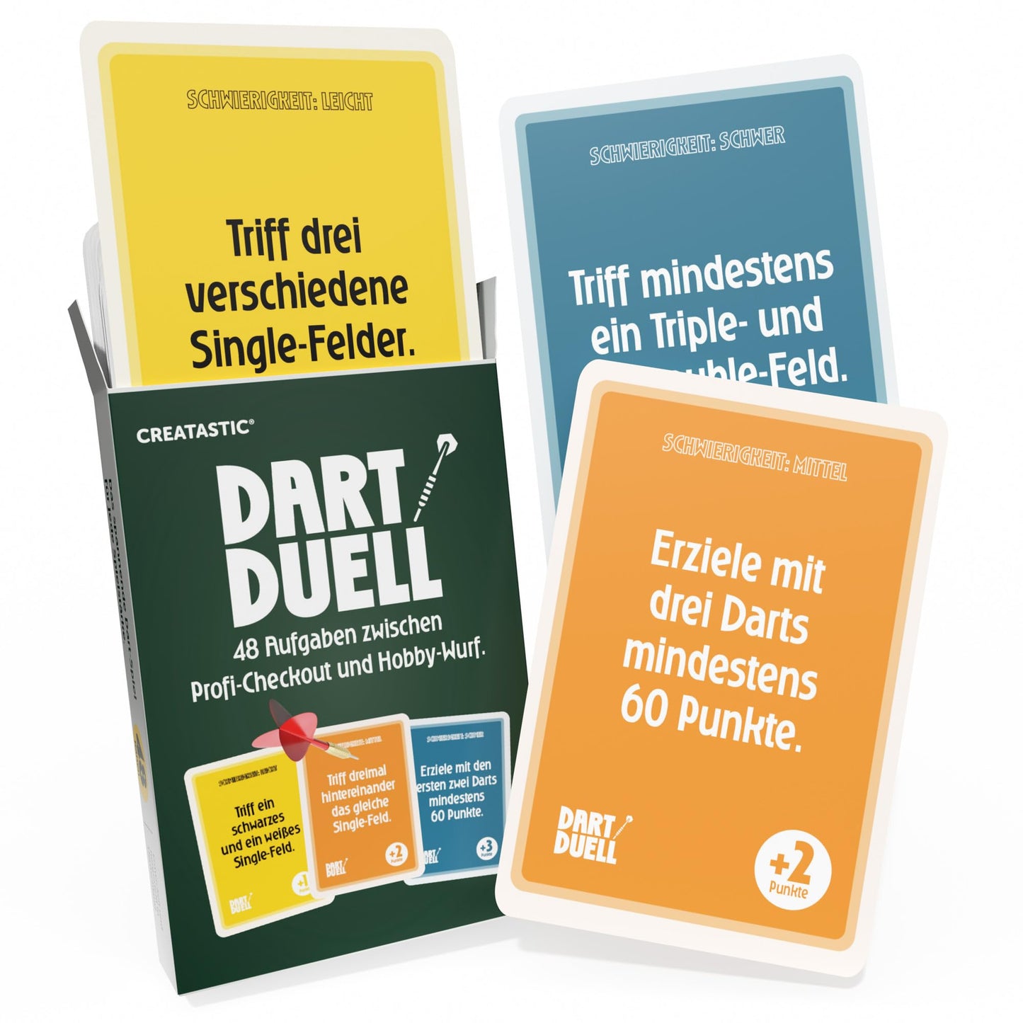 Creatastic - Dart Duell Kartenspiel, Dart Zubehör Kartenspiele Geschenk, 48 Aufgaben in 3 Schwierigkeitsstufen, hochwertiger 400 g/qm Quartett Karton, perfekt als Darts Zubehör Dartspiel Geschenk.