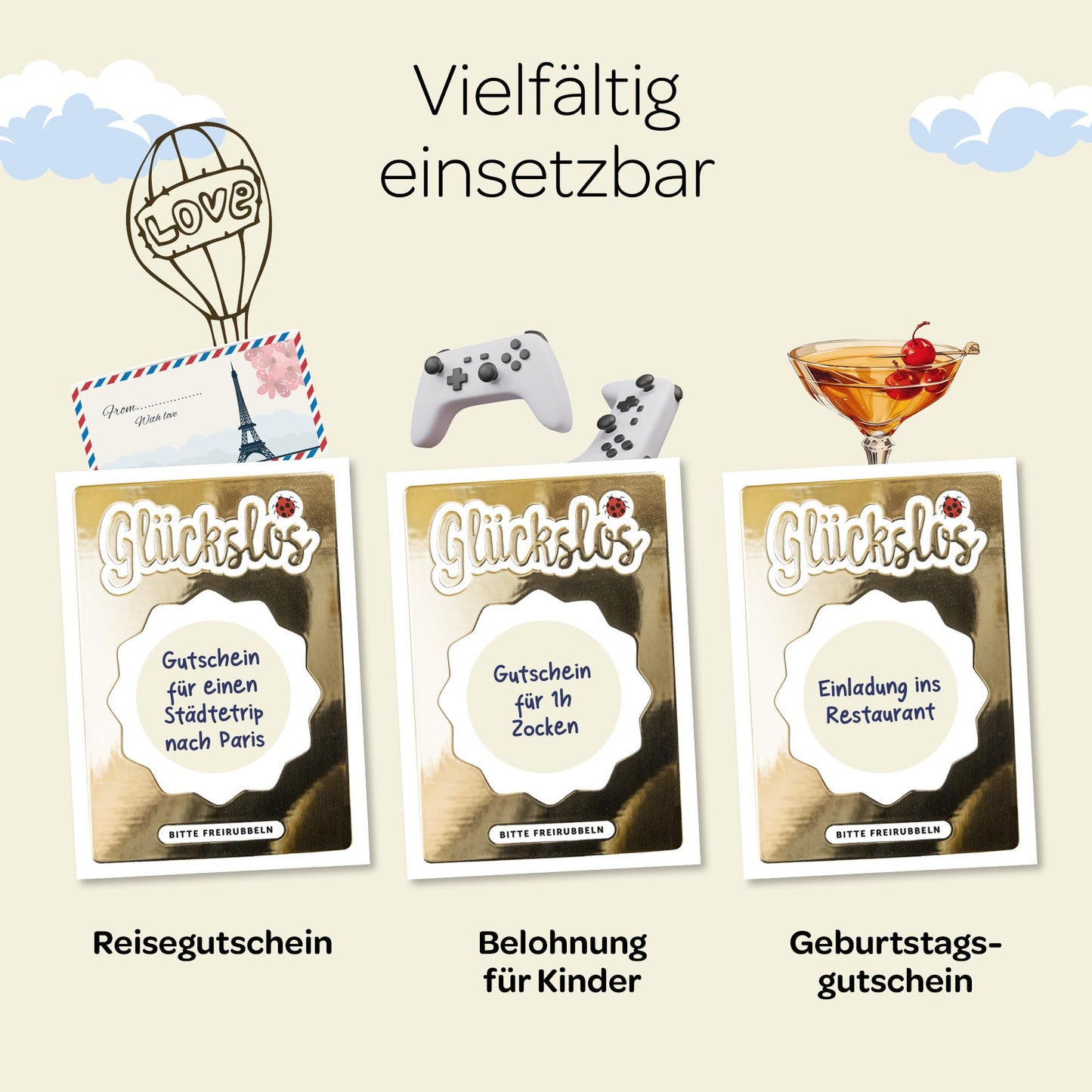 Creatastic - Glückslos Gutschein Rubbellose selber machen, 5 Stück Lose zum selber beschriften mit Goldlack und Rubbelaufkleber für personalisierte Geschenke oder Gutscheine zum selber ausfüllen.