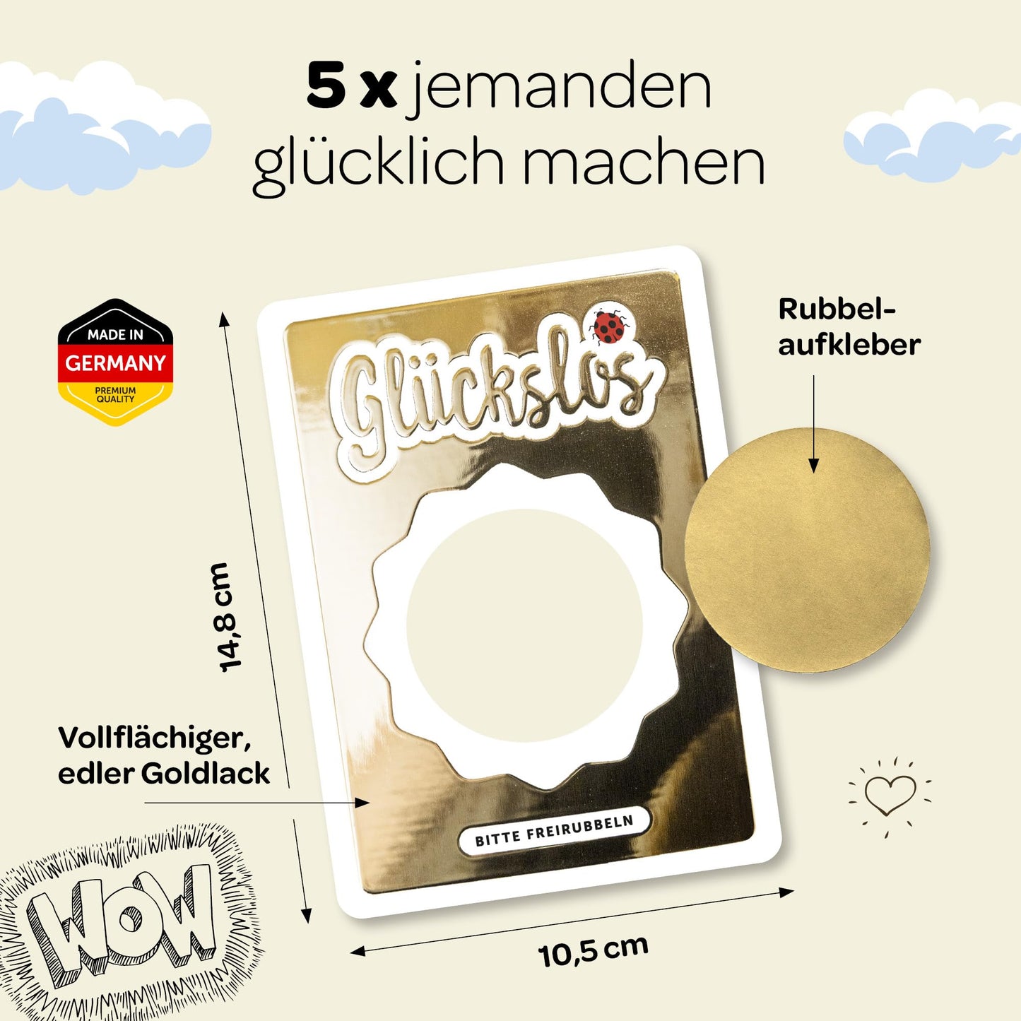 Creatastic - Glückslos Gutschein Rubbellose selber machen, 5 Stück Lose zum selber beschriften mit Goldlack und Rubbelaufkleber für personalisierte Geschenke