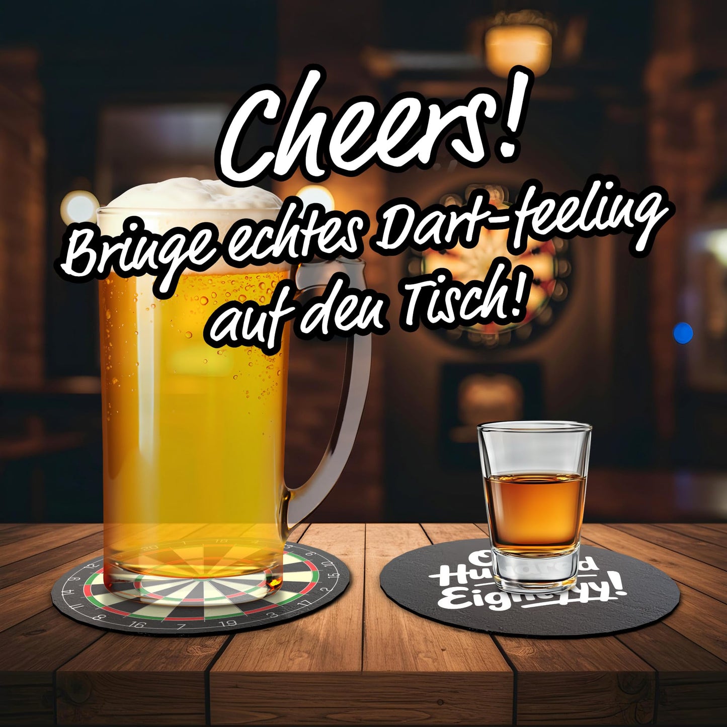 Dart Bierdeckel 12er-Set – beidseitig bedruckt mit Dartscheibe & Spruch | Dart Deko & Geschenkidee auf einem Tisch.