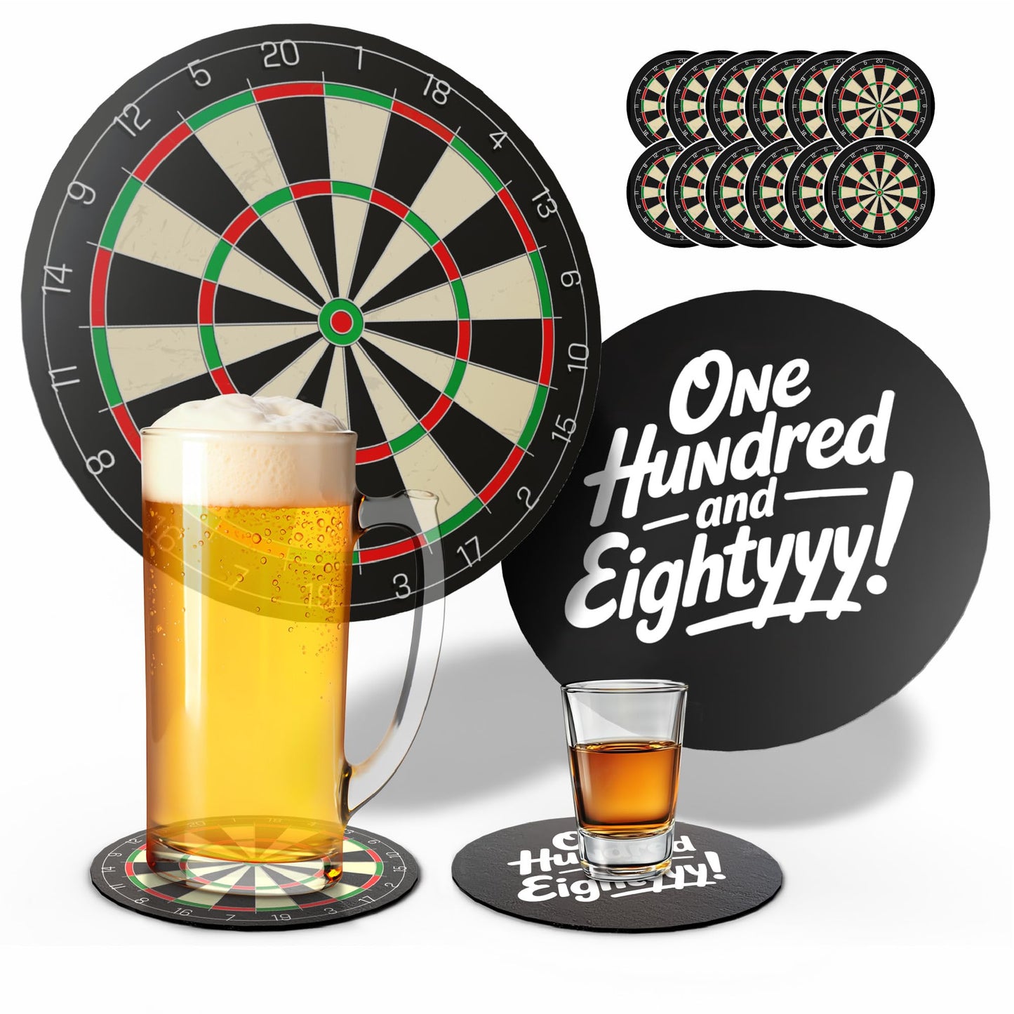 Dart Bierdeckel 12er-Set – beidseitig bedruckt mit Dartscheibe & Spruch | Dart Deko & Geschenkidee