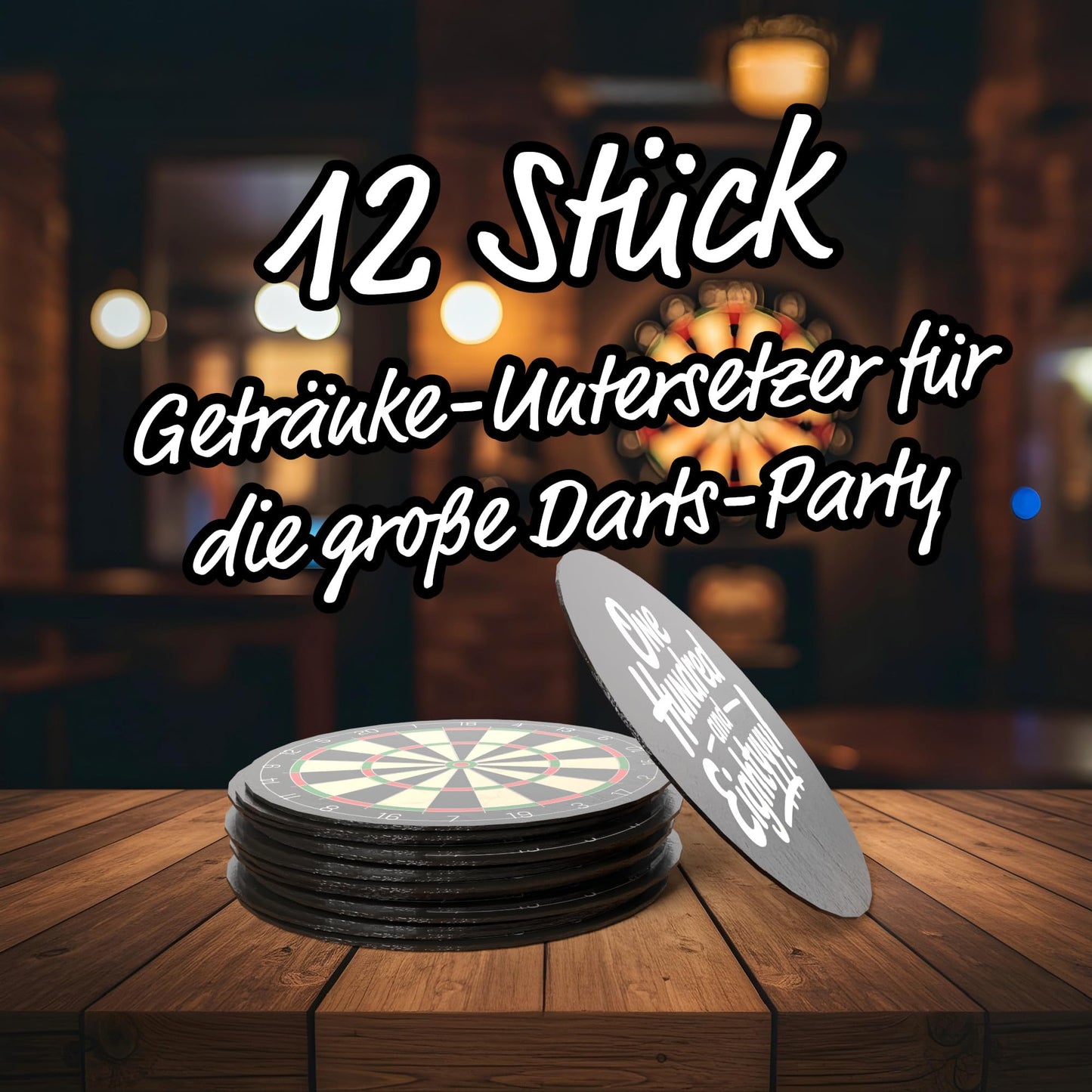 Dart Bierdeckel 12er-Set – beidseitig bedruckt mit Dartscheibe & Spruch | Dart Deko & Geschenkidee.