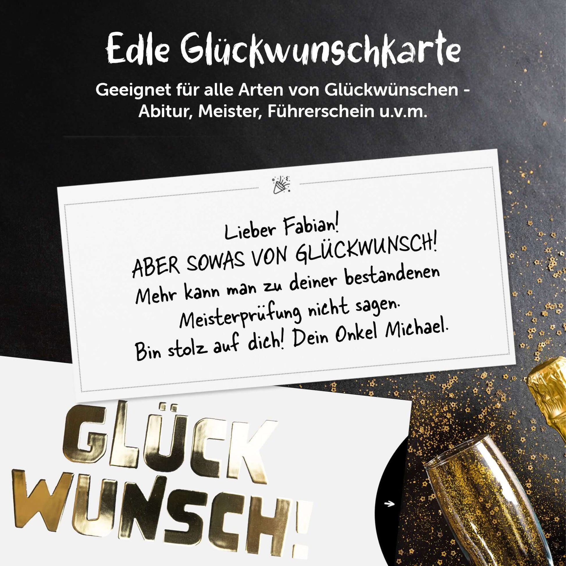 Edle Glückwunschkarte mit Golddruck, ideal für Geburtstags- und Prüfungsglückwünsche, inklusive Schuber.