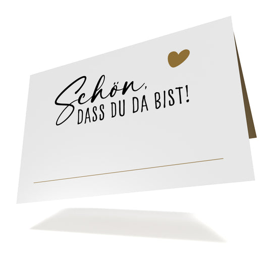 Hochzeits-Tischkarte mit dem Aufdruck 'Schön, dass du da bist!' in elegantem Design.