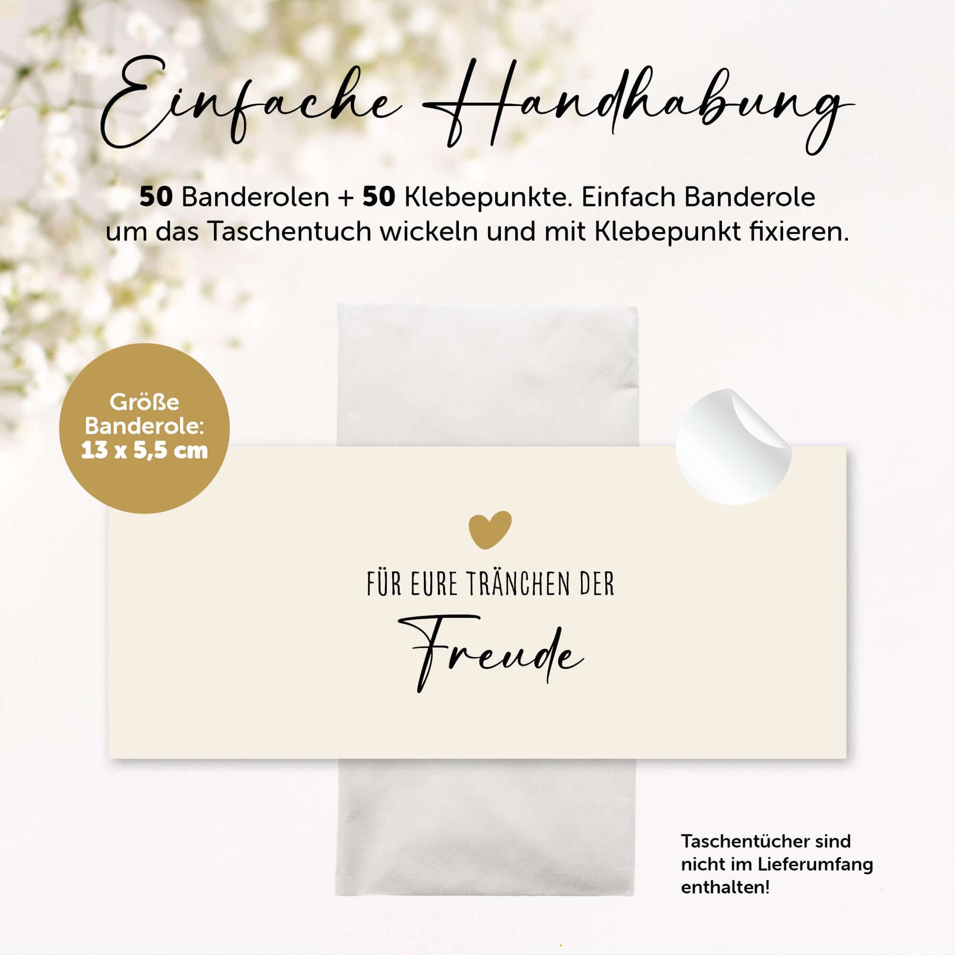Freudentränen Hochzeit Banderole für Taschentücher mit Klebepunkten, 50 Stück, einfache Handhabung.