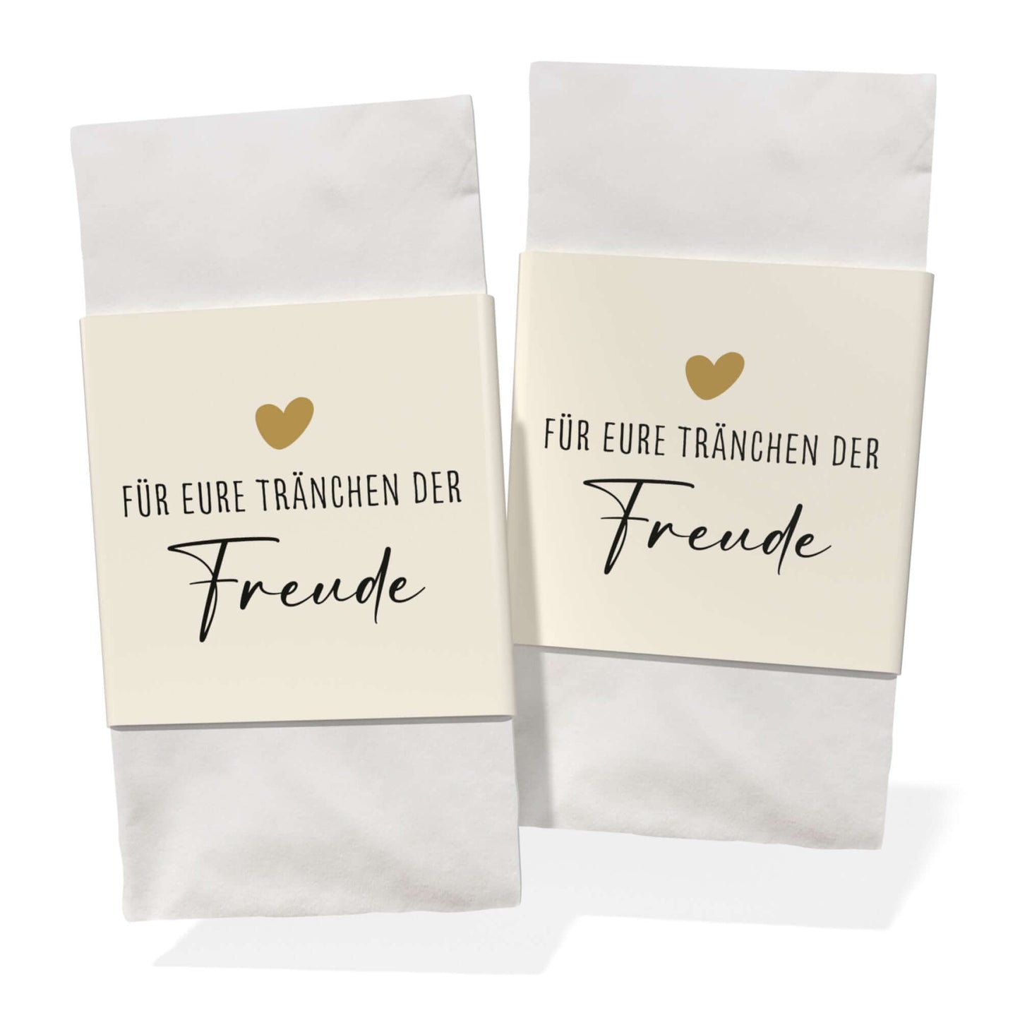 Banderole für Taschentücher zur Hochzeit mit goldenem Herz und Schriftzug 'Für eure Tränchen der Freude'.