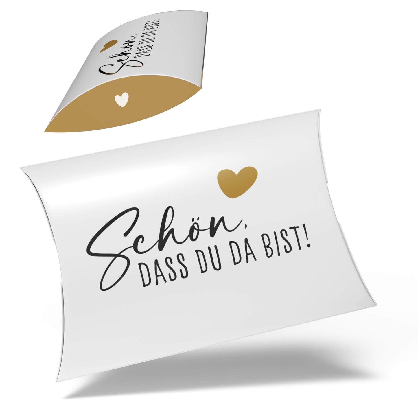 Schachteln für Gastgeschenke mit dem Aufdruck "Schön, dass du da bist!" in weiß und gold, ideal für Feiern.