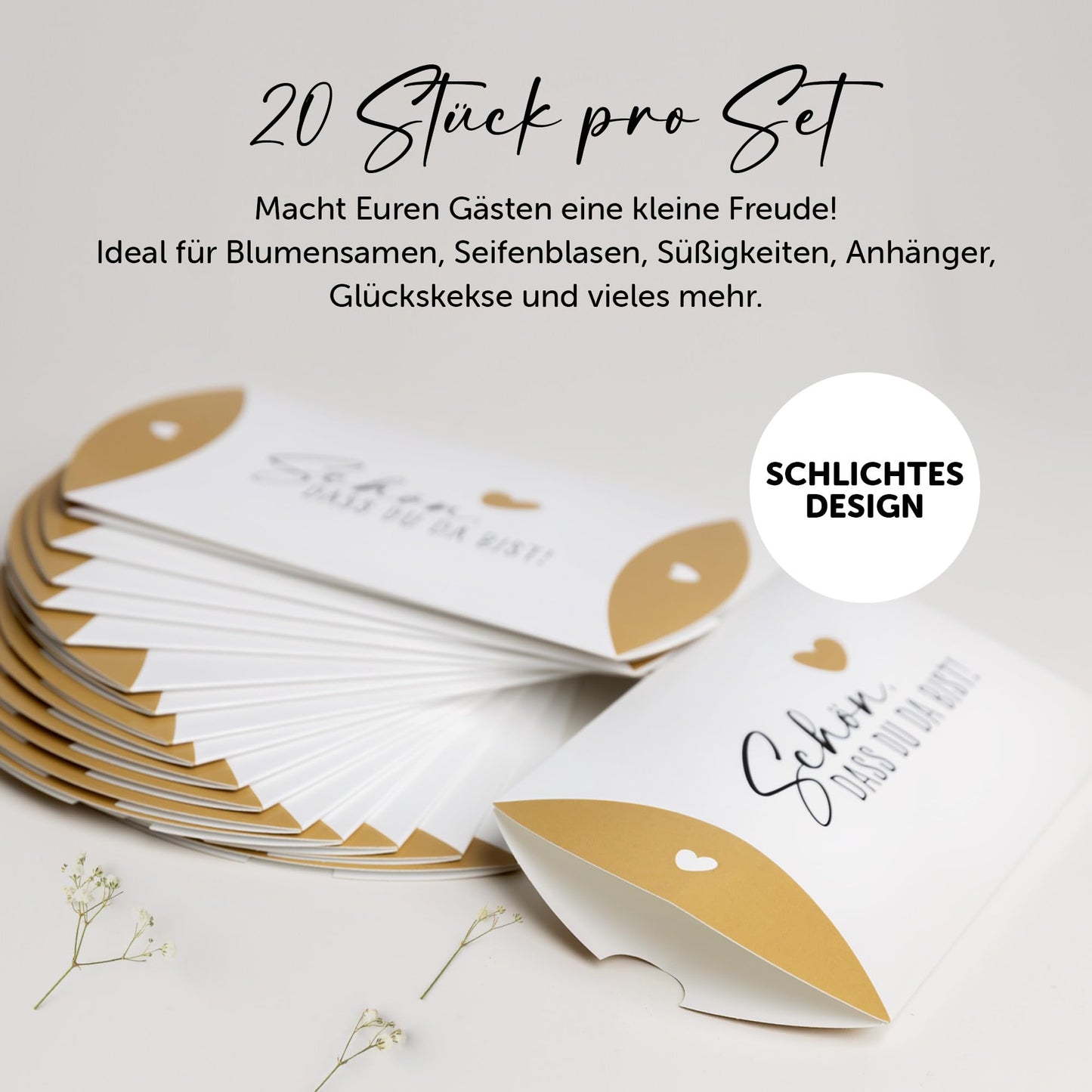 Gastgeschenke Schachteln Set mit Aufdruck "Schön, dass du da bist", 15x10x3 cm, 20 Stück, ideales Design für Feiern.