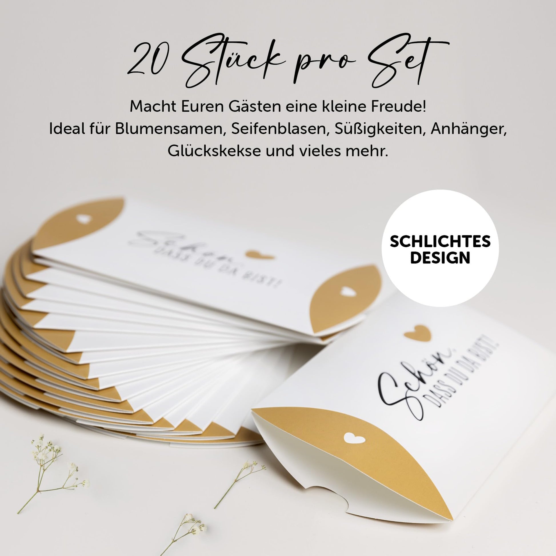 Gastgeschenke Schachteln Set mit Aufdruck "Schön, dass du da bist", 15x10x3 cm, 20 Stück, ideales Design für Feiern.