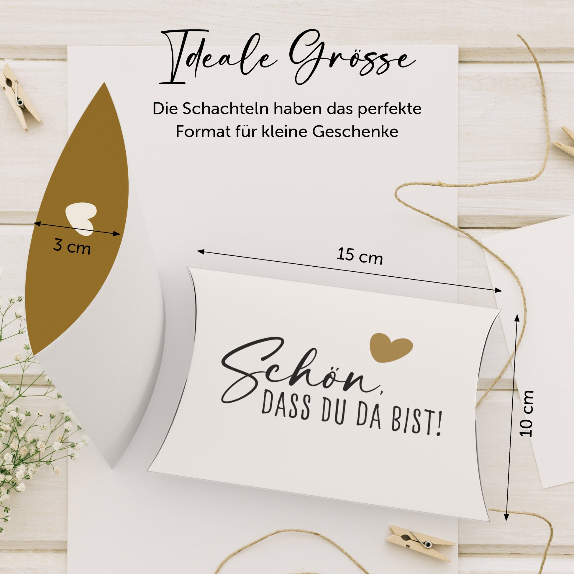 Gastgeschenke Schachteln in idealer Größe 15 x 10 x 3 cm mit Aufschrift: „Schön, dass du da bist“.