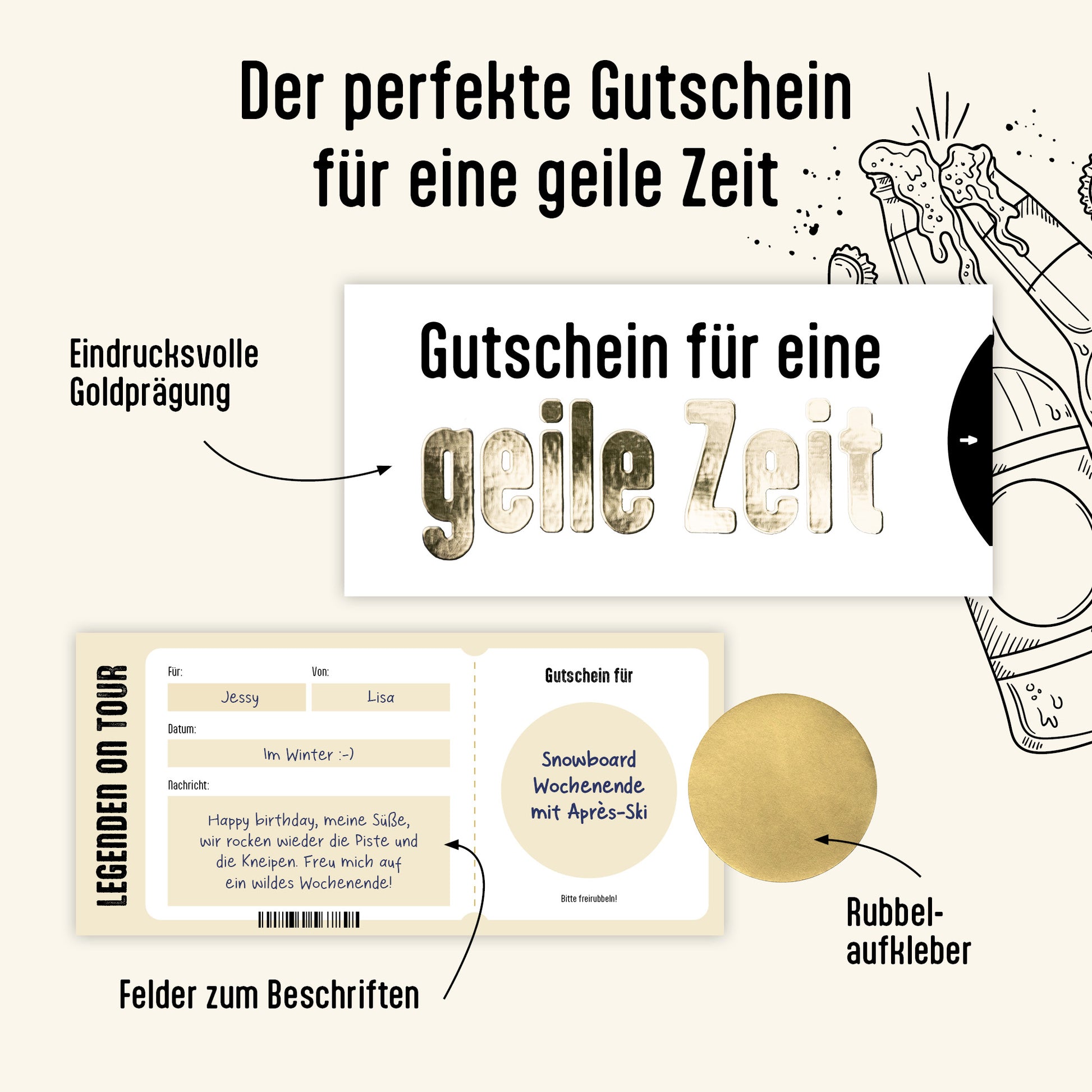 Geile Zeit Gutschein zum selber ausfüllen, Karte mit Golddruck, Schuber und Rubbelaufkleber, DIN lang.