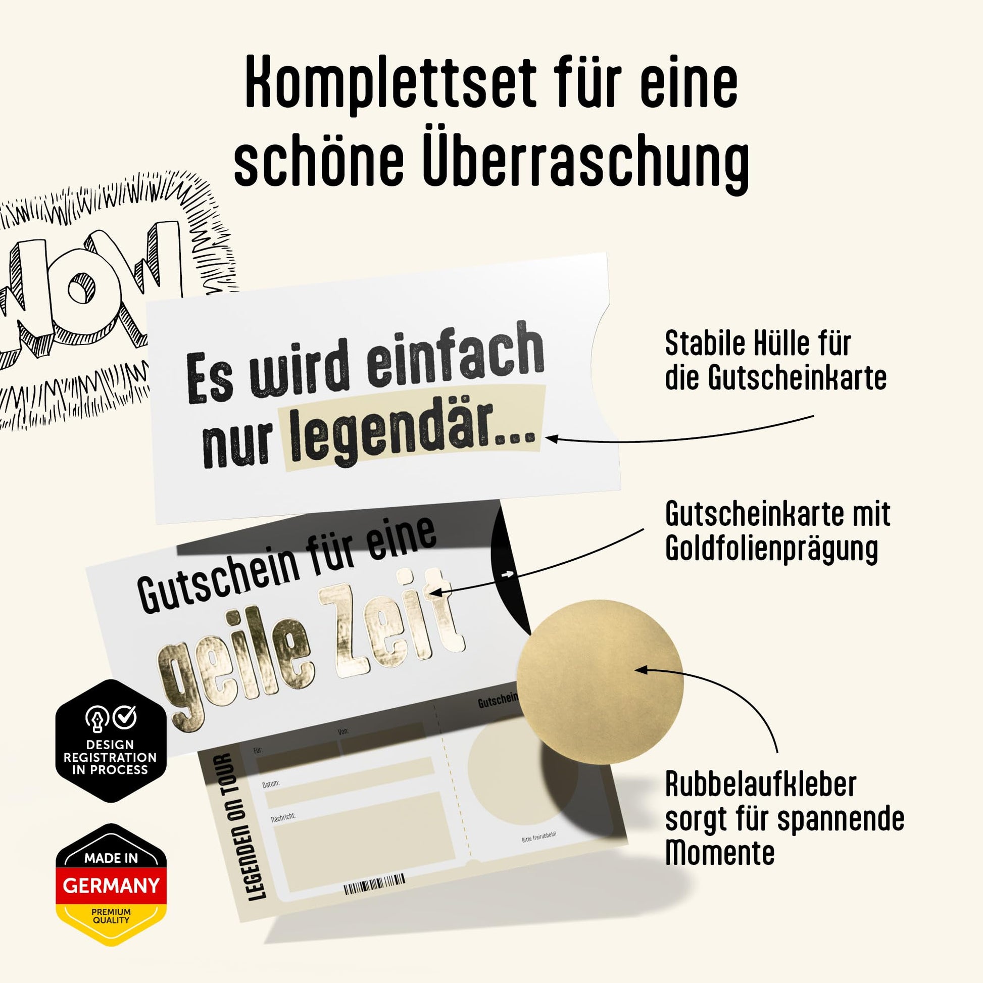 Geile Zeit Gutschein zum selber ausfüllen, Karte mit Golddruck, Schuber und Rubbelaufkleber, DIN lang auf stabilem Hintergrund.