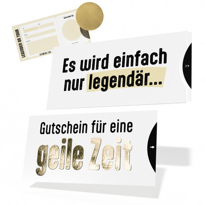 Geile Zeit Gutschein zum selber ausfüllen, Karte mit Golddruck, Schuber und Rubbelaufkleber, DIN lang, legendär.