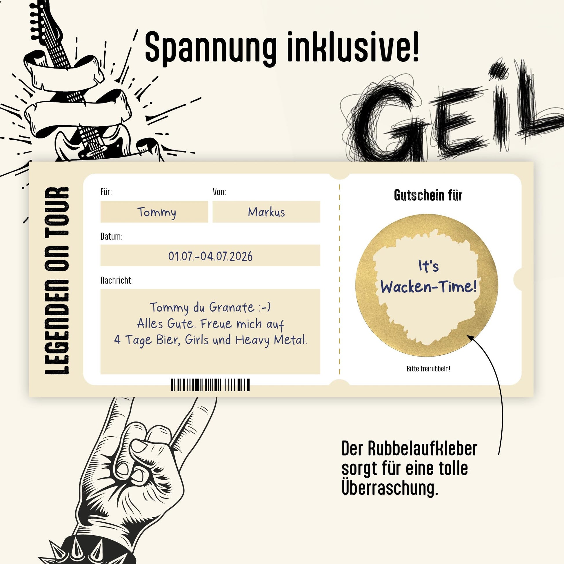 Geile Zeit Gutschein zum selber ausfüllen, Karte mit Golddruck, Schuber und Rubbelaufkleber, DIN lang