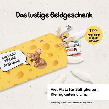 Geldgeschenke Verpackung mit Käse und Mäusen, ideal für Geldscheine und Süßigkeiten, 5 Stück, lustiges Design.