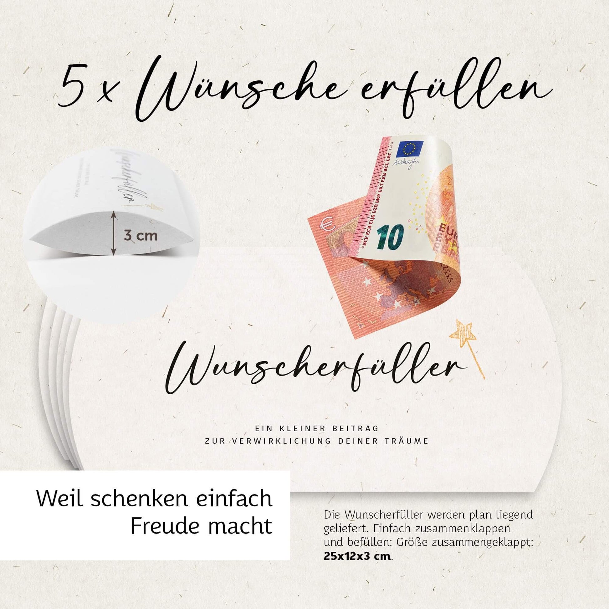5 Wunscherfüller Geschenkboxen zum Verpacken von Geldgeschenken, ideal für besondere Anlässe, Größe 25x12x3 cm.